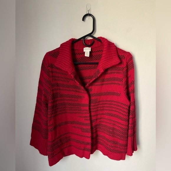 Chico's Sweaters - Chico's Red and Black One Button Chunky Wool Blend Cardigan Size 0 (Small)
